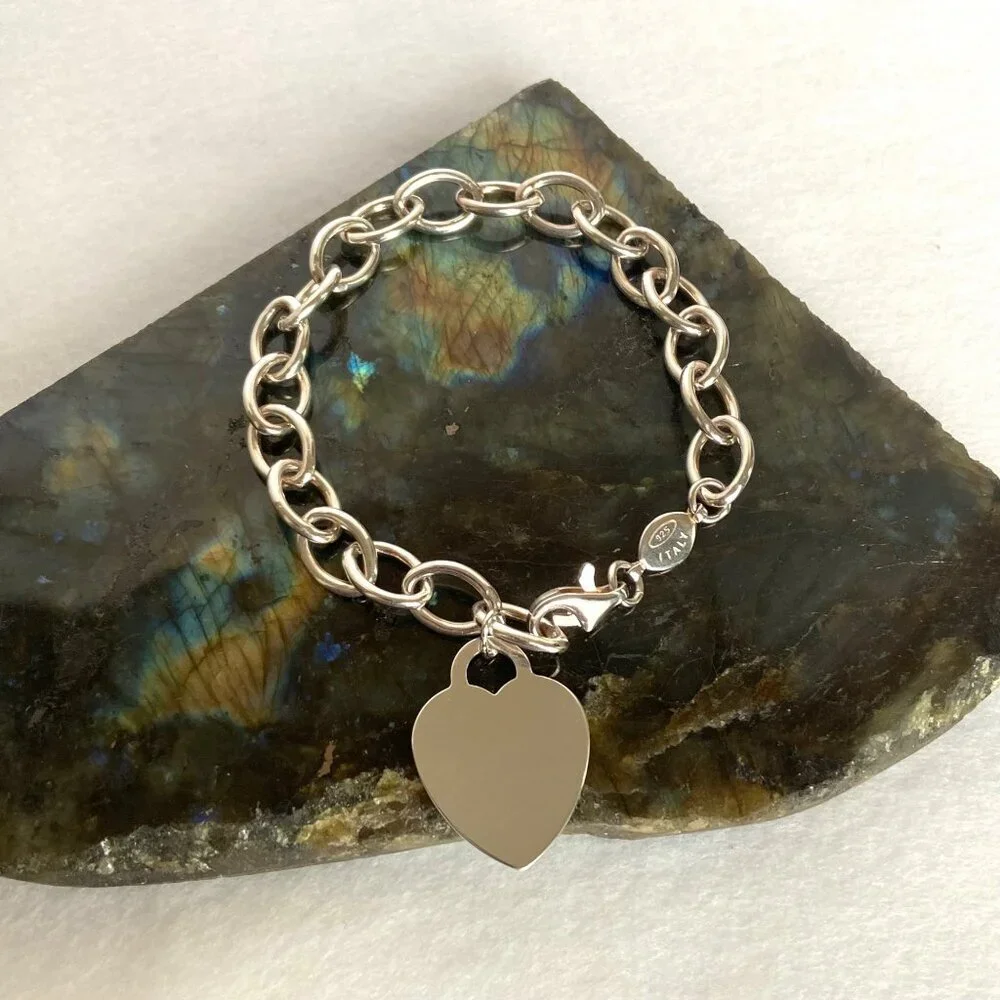 Sterling Silver 925 Italy Cable Chain Blank Engraveable Heart Charm Bracelet 20g